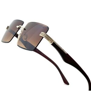 Rimless Gold Wire Frame Luxury Brown Gradient Tint Hip Hop Shades Sunglasses New